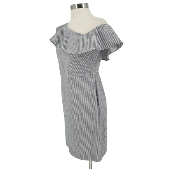 Banana Republic Sheath Dress Seersucker Striped Ruffle One Shoulder Sundress - Picture 4 of 7